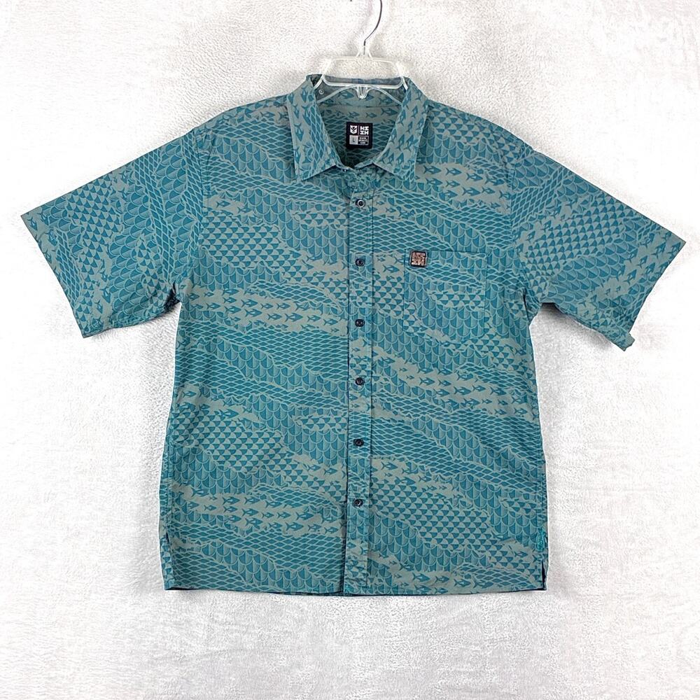 Hawaii's Finest Shirt Mens L Blue Gray Fish Tribal AOP Preppy Aloha Surf Beach